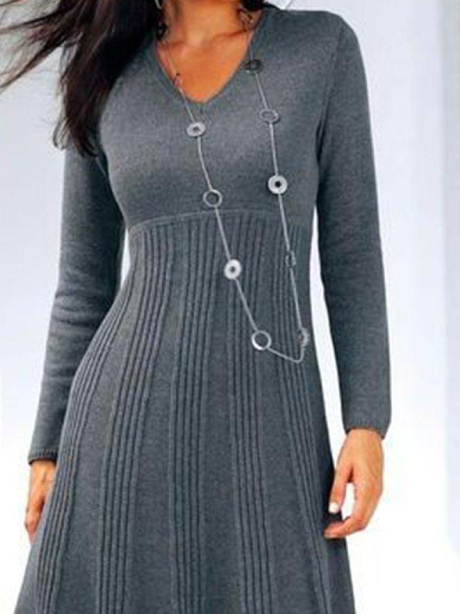 Damen Lässig Unifarben Herbst V-Ausschnitt Mikroelastizität Langarm A-Linien Regelmäßig Regelmäßig Größe Kleider