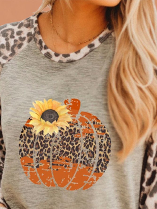Halloween Kürbis Farbblock Leopard Langarm Rundhals Große Größen Lässig T-Shirts