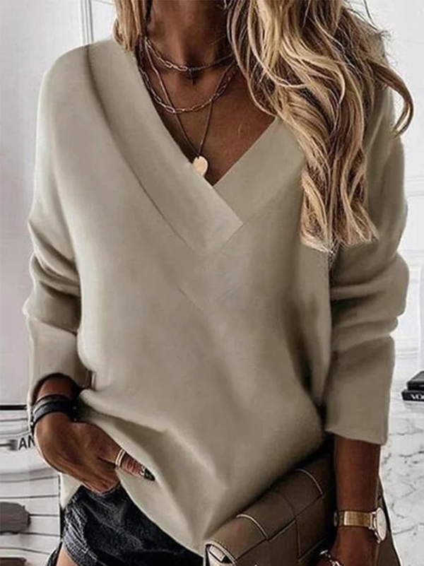 Unifarben V-Ausschnitt Langarm Lässig Sweatshirts