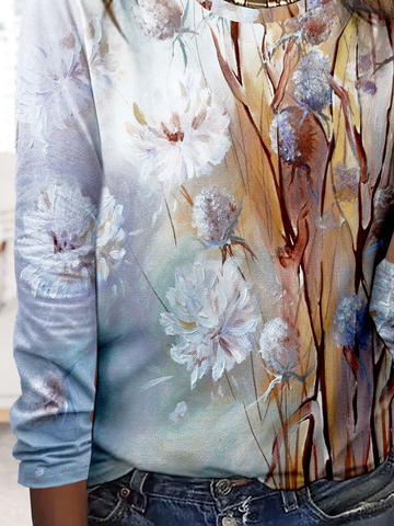 Rundhals Blumenmuster Jersey Lässig Große Größen T-Bluse