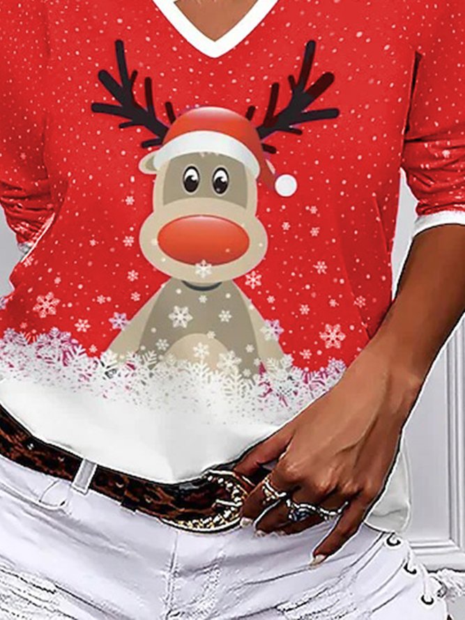 Weihnachten Lässig V-Ausschnitt Langarm Weit T-Bluse