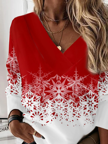 Lässig Weihnachten Schneeflocke Print V-Ausschnitt Weit Große Größen Sweatshirts