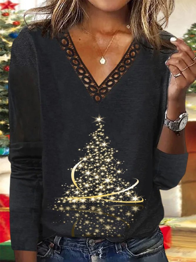Weihnachtsbaum Langarm V-Ausschnitt Taschen Große Größen Lässig T-Shirts