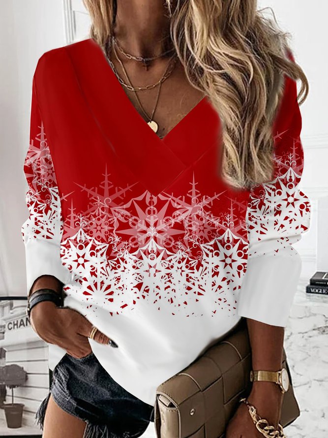 Lässig Weihnachten Schneeflocke Print V-Ausschnitt Weit Große Größen Sweatshirts