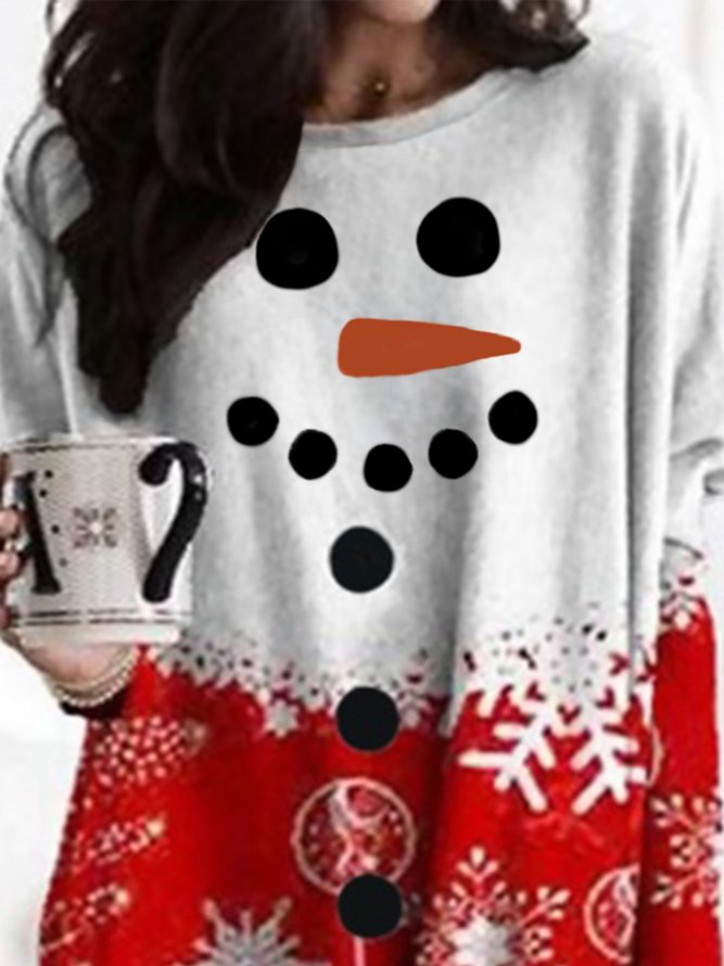 Weihnachtsschneemann Schneeflocke Langarm Rundhals Taschen Große Größen Lässig T-Shirts
