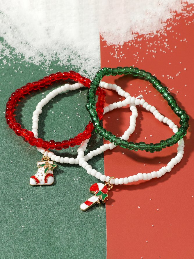 4 Stück Weihnachten Rot Grün Süßigkeiten Stock Socke Muster Perlen Multilayer Armband Weihnachten Party Schmuck