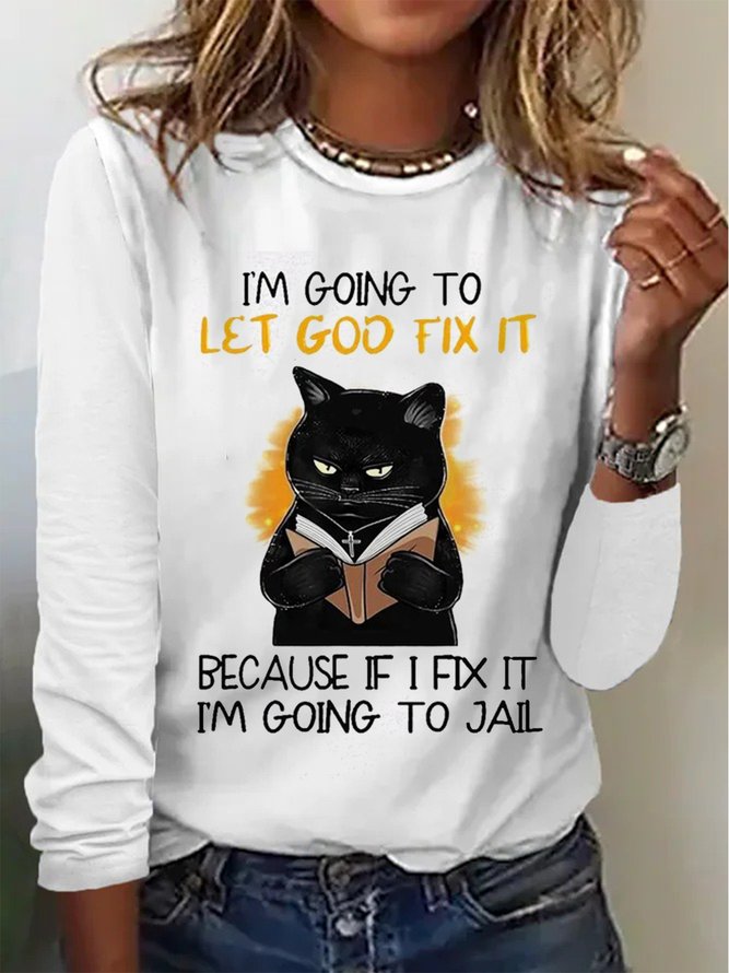 Lässig Textbriefe Katze Rundhals Weit Langarm T-Bluse