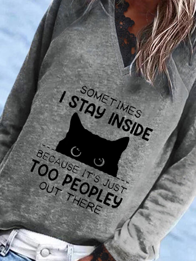 Lässig Katze Spitze Langarm V-Ausschnitt Print Shirts & Blusen Sweatshirt
