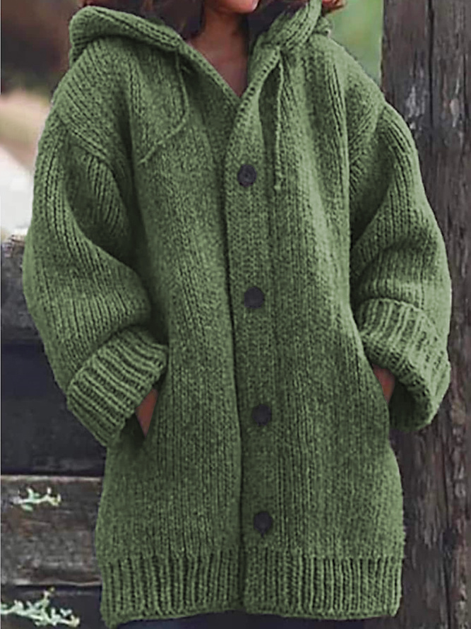 Einfarbige Strickjacke mit Kapuze