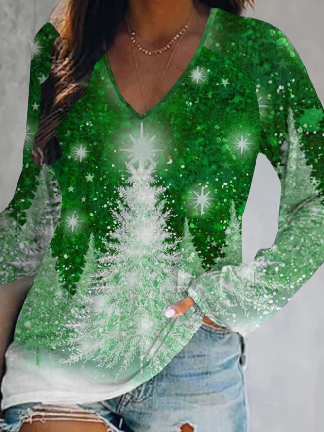 Lässig Weihnachten Bäume Langarm V-Ausschnitt Print Shirts & Blusen T-Shirts Tunika