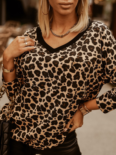 Lässig Leopard Langarm V-Ausschnitt Print Oberteile Sweatshirt