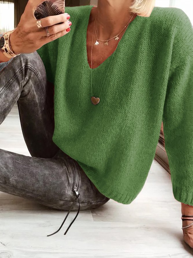 Langarm Casual Einfarbiger Pullover mit V-Ausschnitt
