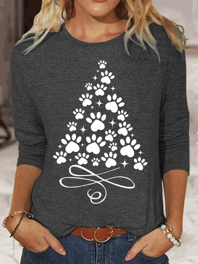 Damen Weihnachten Pfote Baum Print Lässig Oberteile