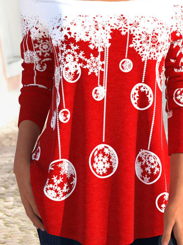Patchwork Spitze Karree-Ausschnitt Weihnachten Print Lässig Tunika T-Bluse
