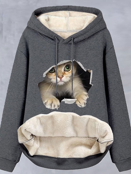 Lässig Katze Fluff/Granular-Fleece-Stoff Weit Sweatshirt