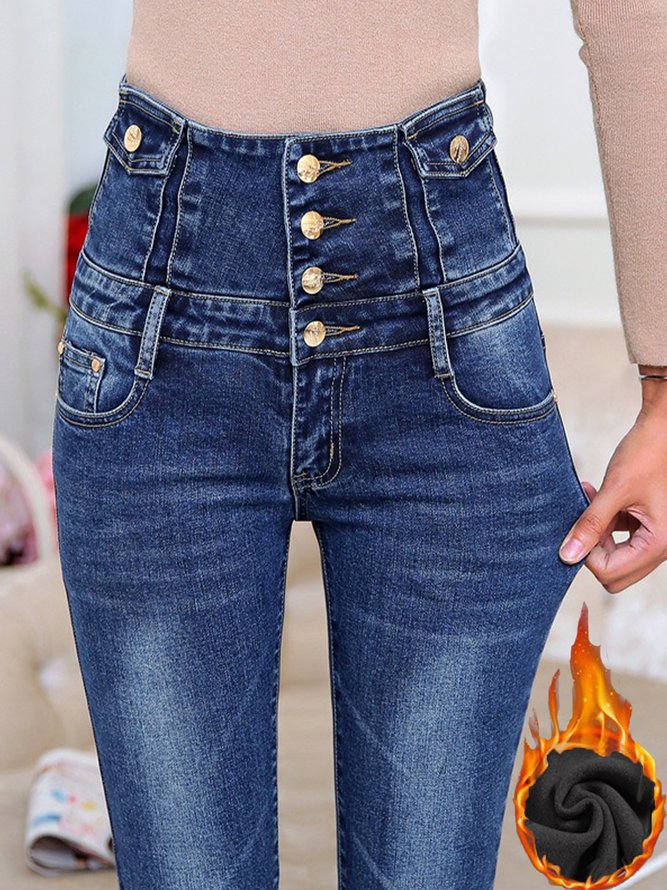 Unifarben Taschen Geknöpft Denim Lässig Vlies Jeans
