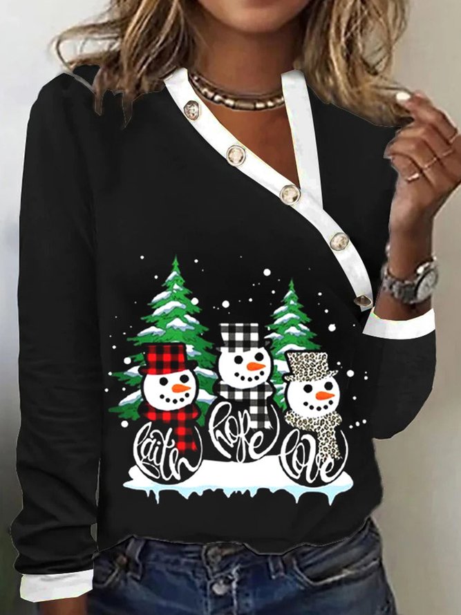 Jersey Weihnachtsschneemann Asymmetrisch Lässig T-Bluse