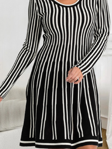 Gestreift Lässig V-Ausschnitt Langarm Kleid Tunika