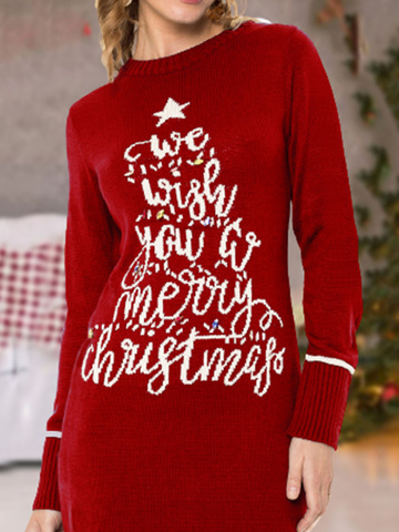 Rundhals Weihnachten Regelmäßige Passform Lässig Langarm Kleid Tunika