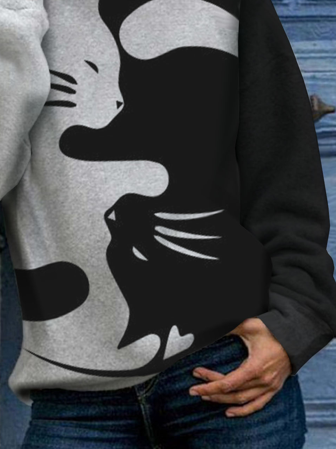 Katze Farbblock Kapuze Lässig Weit Sweatshirt