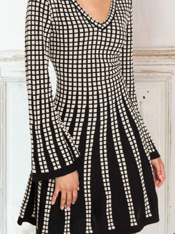 Lässig Geometrisch V-Ausschnitt Langarm Kleid