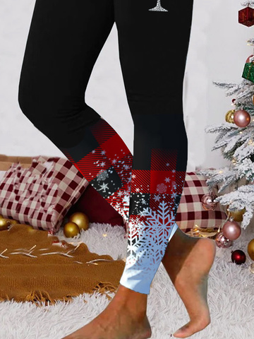 Kariert Schneeflocke Weihnachten Lässig Jersey Leggings
