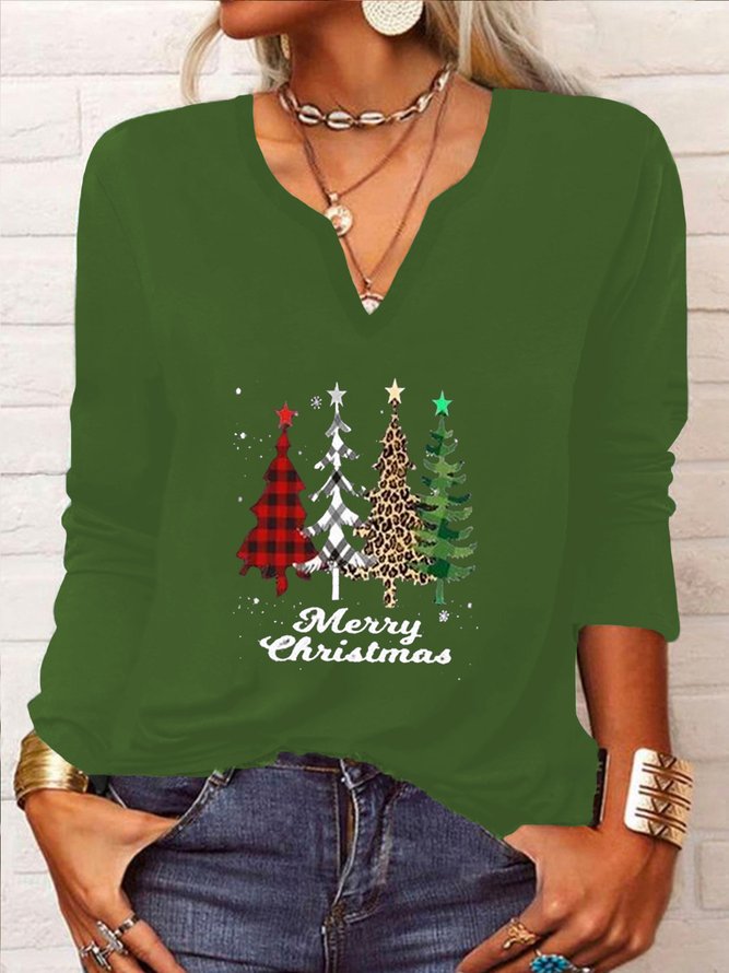 Lässig Weihnachten Bäume Langarm V-Ausschnitt Print Shirts & Blusen T-Shirts