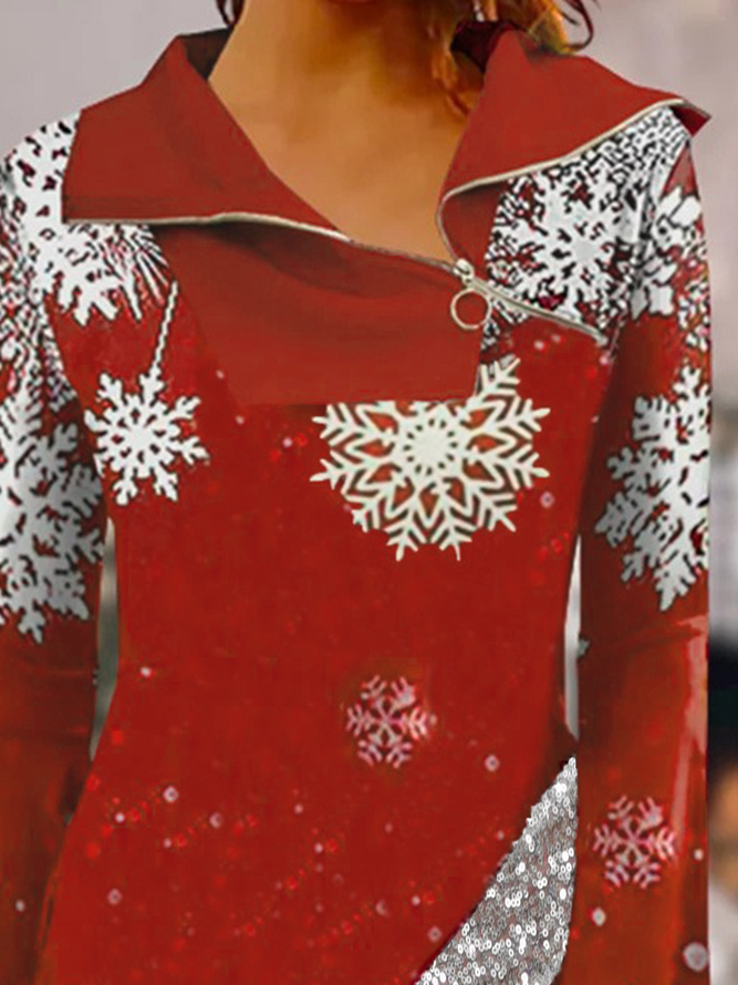 Langarm Weihnachten Schneeflocke Muster Reißverschluss Schalkragen Lässig Tunika Oberteile