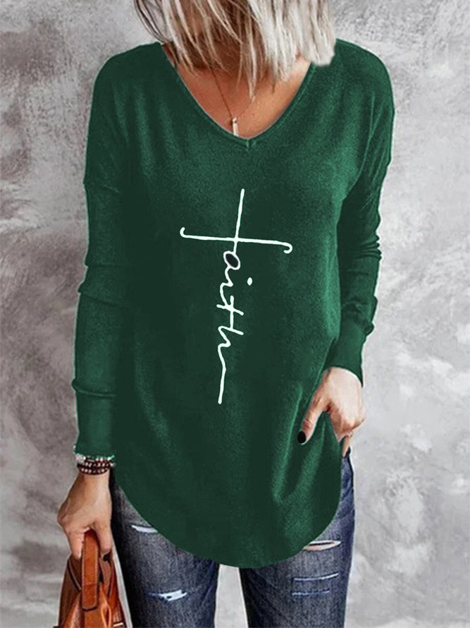 Retro Vertrauen Buchstabe Print Langarm V-Ausschnitt Große Größen Lässig Blusen&Shirts