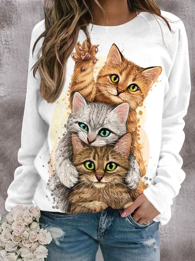 Weit Rundhals Katze Print  Lässig Sweatshirt