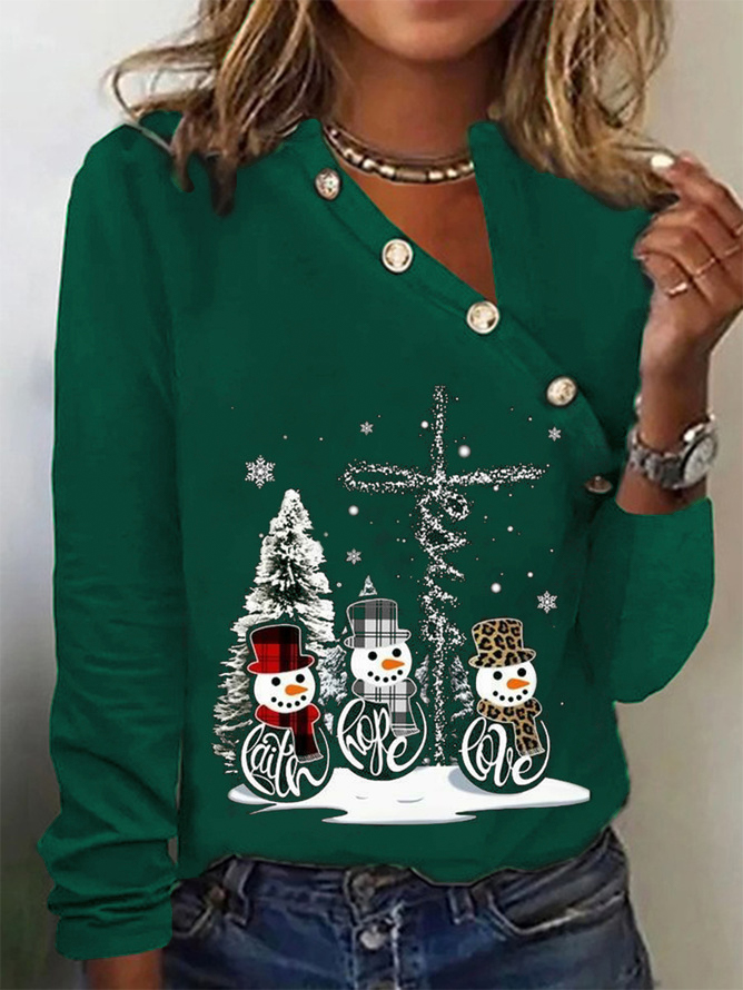 Lässig Weit Geknöpft Weihnachten Langarm T-Bluse