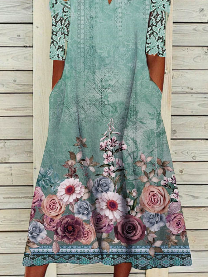 Lässig Grün Geblümt V-Ausschnitt Weit Kleid