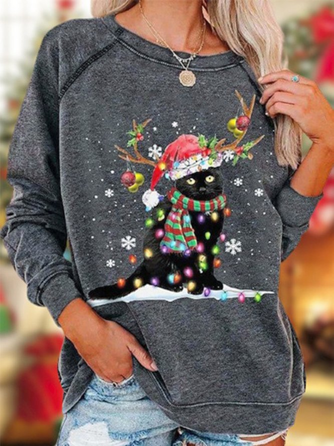 Weihnachtskatze Schneeflocke Langarm Rundhals Lässig Tunika Sweatshirt