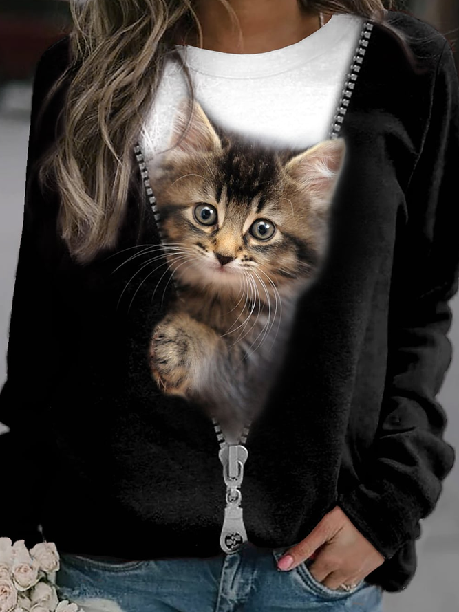 Katze Weit Rundhals Lässig Sweatshirt