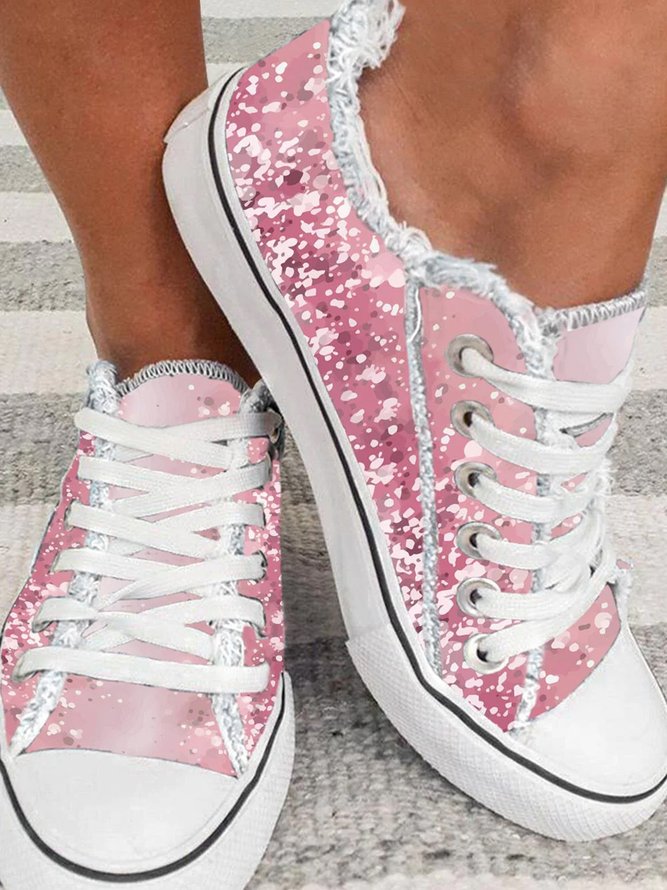Pink Paillette Print Schnürung Segeltuch Schuhe