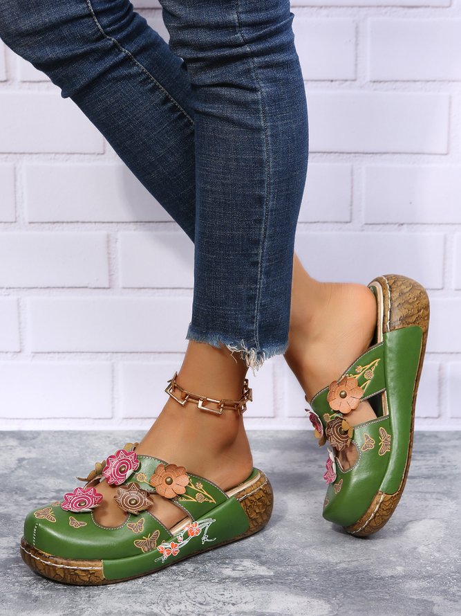 Retro Geblümt Maultiere Verstopfen Schuhe