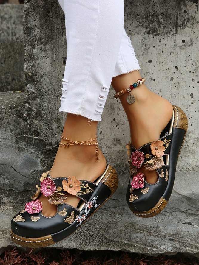 Retro Geblümt Maultiere Verstopfen Schuhe