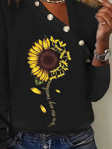 Lässig Schnalle Asymmetrisch Ausschnitt Sonnenblume Print T-Shirt