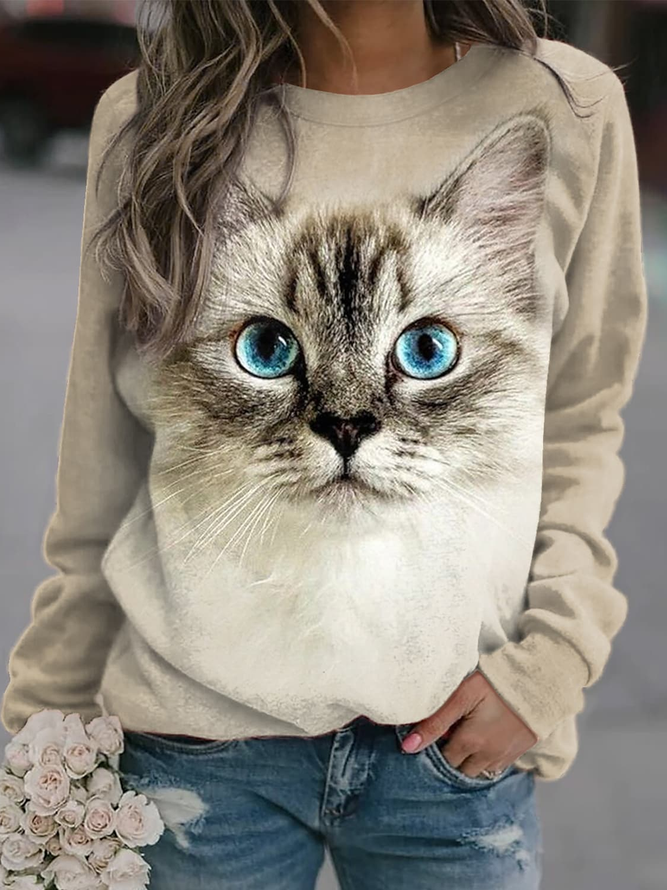 Rundhals Katze Weit Lässig Sweatshirt