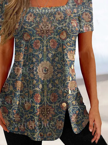 Lässig Schnalle Ethnisch Print Karree-Ausschnitt T-Shirt