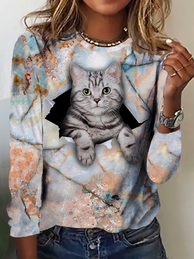 Rundhals Lässig Katze T-Shirt