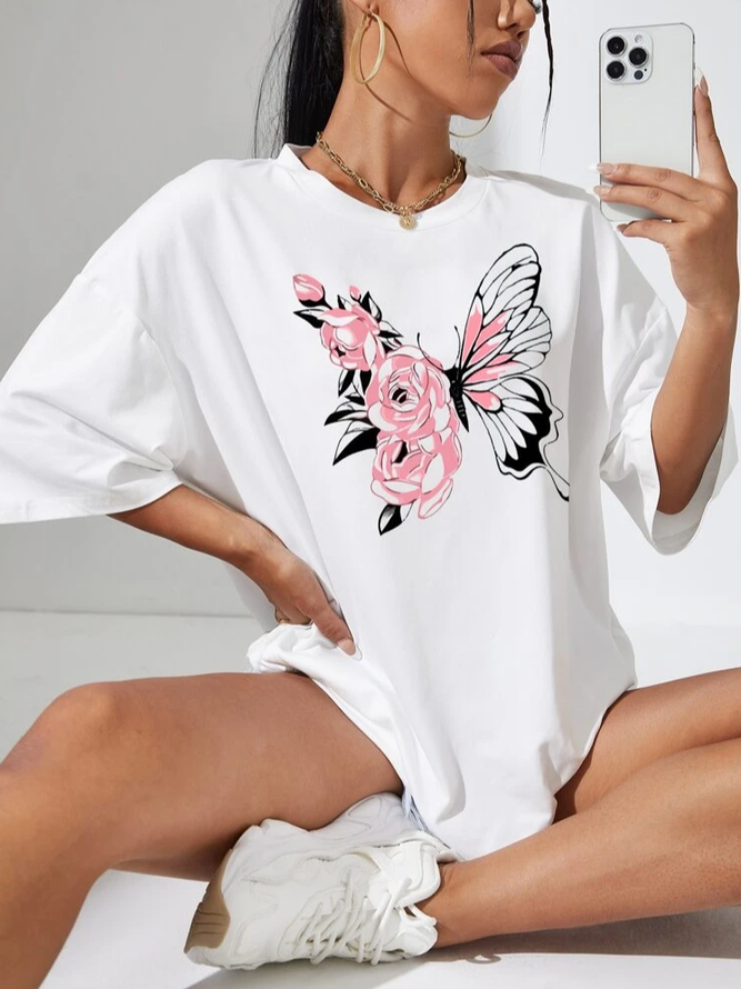 Lässig Schmetterling Rundhals T-Shirt