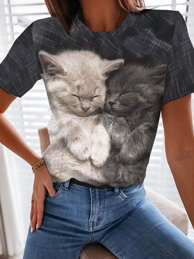 Rundhals Lässig Katze Print T-Shirt