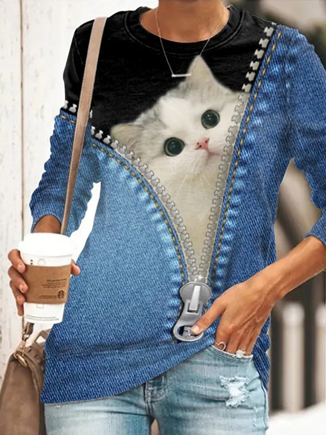 Lässig Katze Rundhals Langarm Sweatshirt