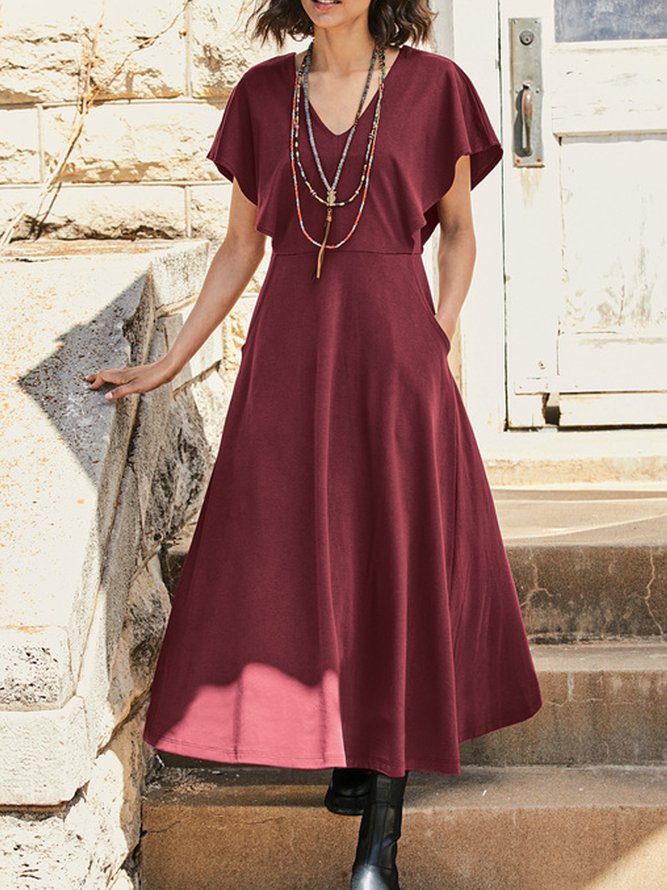 Lässig V-Ausschnitt Unifarben Kleid