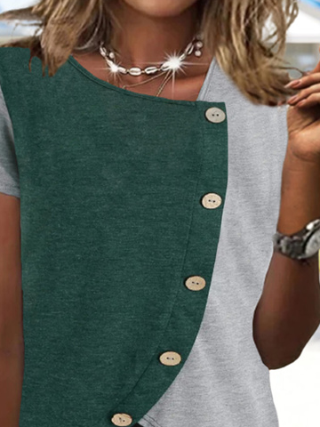 Farbblock Kurzarm Schnalle Asymmetrischer Hals Lässig T-Shirt