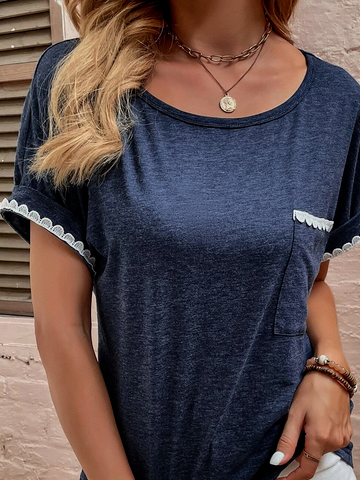 Lässig Spitze Unifarben Kurzarm T-Shirt