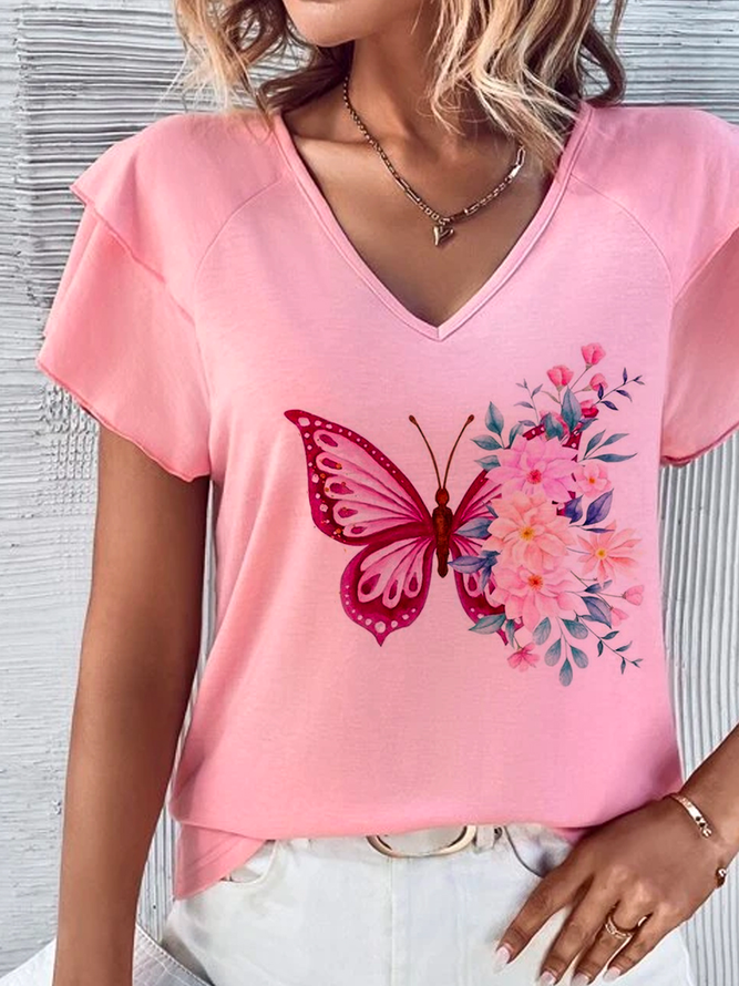 Schmetterling V-Ausschnitt Lässig Weit T-Shirt