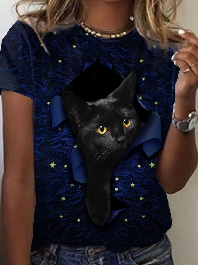 Weit Katze Lässig Rundhals T-Shirt