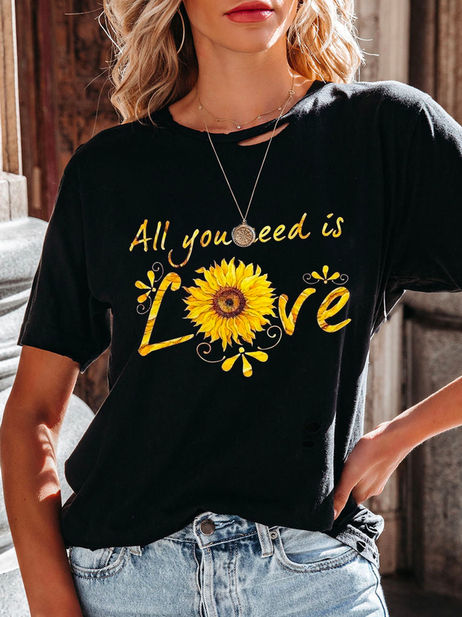 Weit Rundhals Lässig Sonnenblume T-Shirt